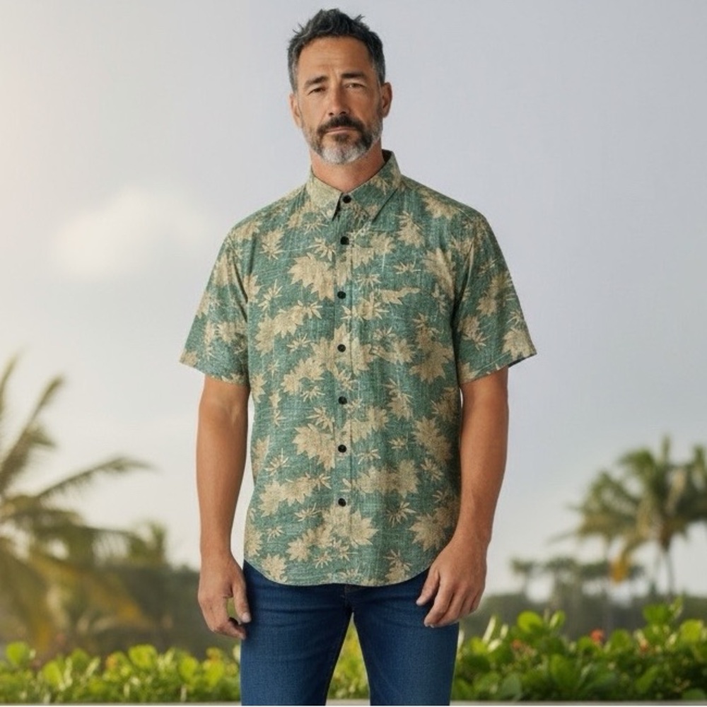 VatPave Hawaiian Aloha‎ Shirt Men's XL  Green Short Sleeve Button Up Vacation